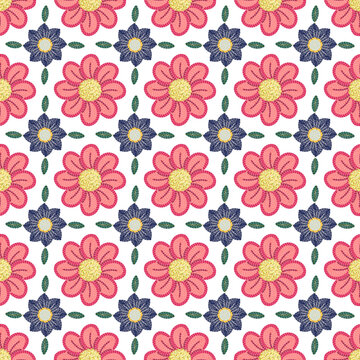 Modern pink and navy embroidered floral seamless pattern on white background