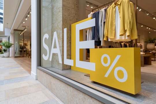 Bright yellow sale sign catches eye. White letters boldly announce discount offer. Window display shows fresh clothing selection. Store interior invites shoppers to browse