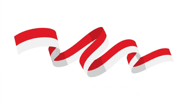 Waving red and white flag ribbon of Indonesia on white background 
