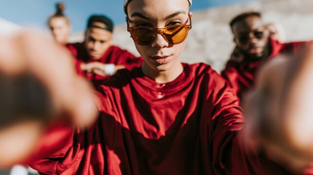 Young woman in red sweatshirt posing with her multiethnic hip-hop dance group for urban youth culture, streetwear fashion and active lifestyle advertising