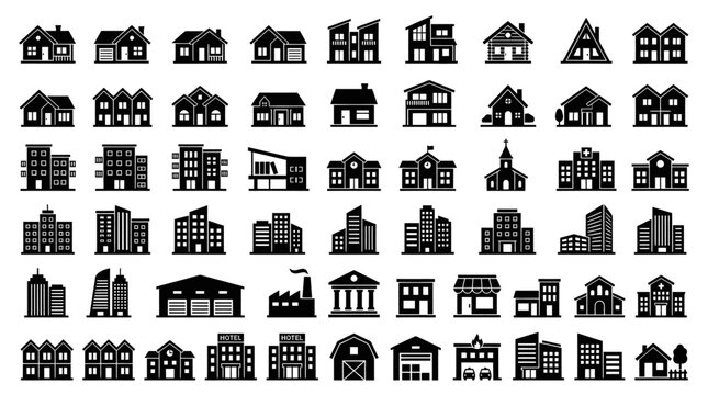 Diverse set of small building and house silhouettes.