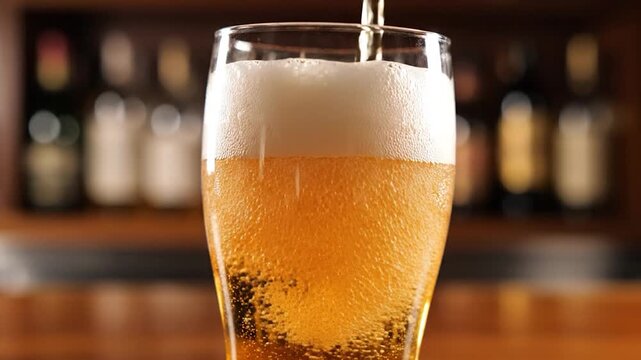Golden beer is poured into a chilled glass creating a thick white foam