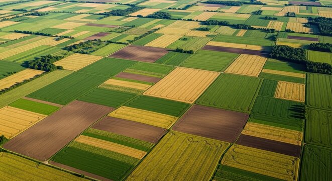 Aerial view of colorful farmland with patchwork fields. Vibrant agricultural landscape showcasing crop diversity and rural scenery.