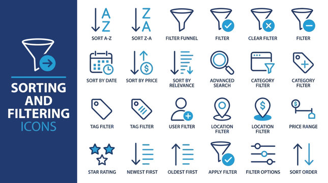 Comprehensive collection of sorting and filtering vector line icons featuring adjustment symbols, data organization tools, and interface elements for digital web design and app development.