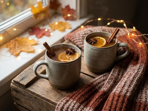 ​Cozy autumn hot drink with cinnamon, orange slices, and fairy lights by the window