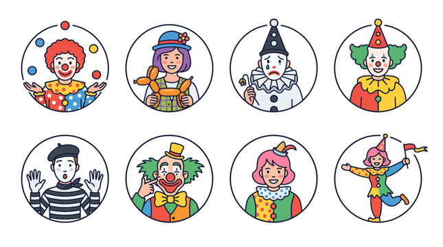 Set of colorful clown and mime character icons in circular frames for entertainment design.