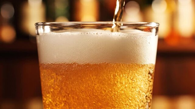 Golden beer pouring into a glass creating a thick white foam head