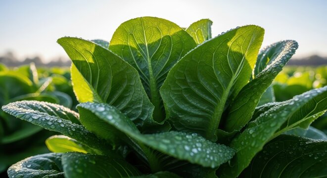 Close-up of lush green leafy plant with morning dew. Fresh foliage for health and nature themes.