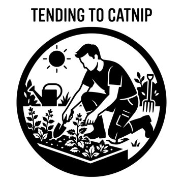 Man tending to catnip in a circular garden illustration.