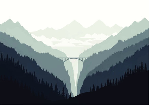 Serene mountain valley landscape with a bridge spanning a deep gorge in a minimalist flat design style