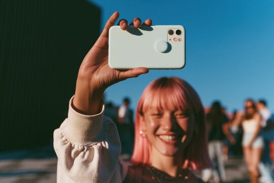 Sage green smartphone held by a smiling person with pink hair for social media and youth content creation advertising