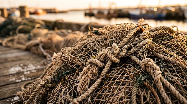 Tangled fishing nets on a wooden dock at sunset coastal maritime scene