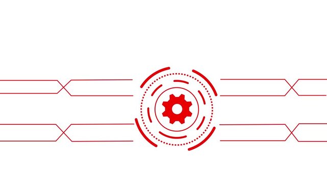 Minimalist red hud gear interface animation, digital technology loading abstract industrial process motion on white background