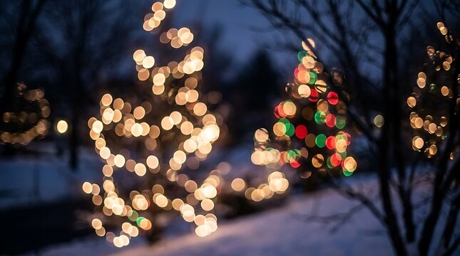 Blurred Christmas trees with colorful bokeh lights at night.