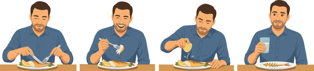 Man Eating Fish Dinner Vector Character Sequence Showing Slicing Whole Fish Squeezing Lemon Juice Enjoying Seafood and Finished Plate with Bones