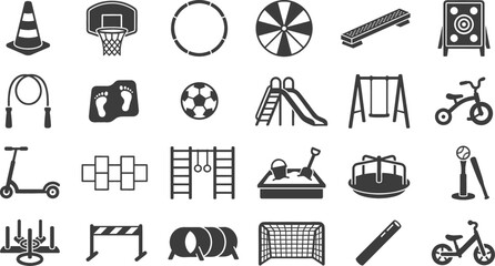 Childrens Outdoor Playground and School Sports Day Icon Set with Recreation Equipment, Backyard Play Elements, Kindergarten Gymnastics Tools, and Athletic Activity Symbols © monoara