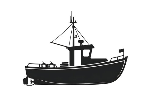 A detailed black silhouette of a classic fishing trawler boat.