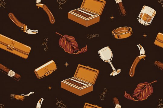 Seamless pattern with luxury cigar accessories, humidors, whiskey glasses, and dried leaves on a dark brown background, for gentlemen