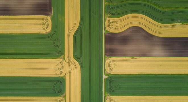 Aerial view of lush green farmland with irrigation channels. Modern agricultural landscape with vibrant crop fields.