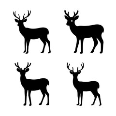 Naklejka premium Four black silhouette deer standing strong - Four elegant black deer silhouettes in a simple, clean design showcasing their graceful stance and antlers.
