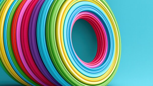 Abstract 3d background with colorful concentric nested elliptical rings creating hollow tunnel effect on light blue base showing vibrant modern geometric art