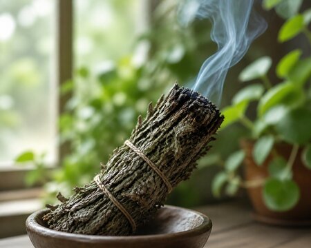 A bundle of dried mugwort sticks, smoke gently rising, against a soft-focus background.