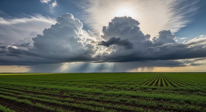 Vast agricultural field under dramatic cloudy sky. Rural landscape scene with lush green crops and expansive horizon.
