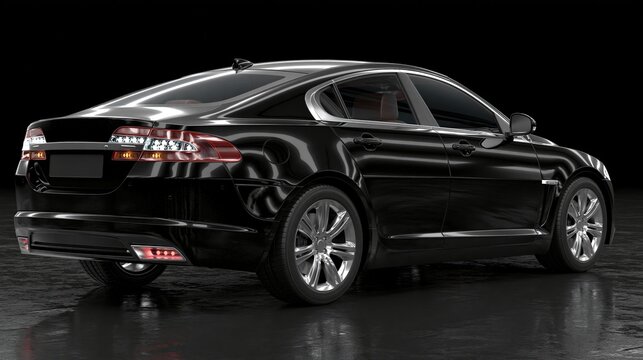 Shiny modern luxury four door black sedan car shown from rear three quarter angle on dark reflective black studio background