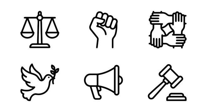 Justice, Peace, and Equality Icons: Scales, Fist, Dove, Megaphone, Gavel, Unity
