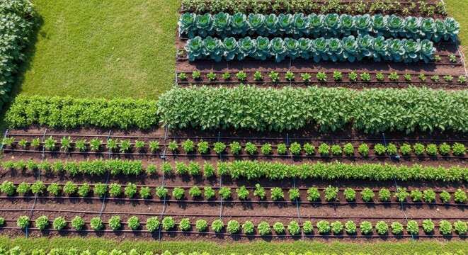 Aerial view of lush vegetable garden with organized rows. Bright sunlight highlights vibrant greenery and healthy crops, ideal for agricultural or...
