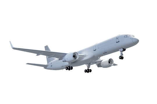 airplane flying isolated on white background, bottom side view