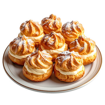 Cream puffs crowned with powdered sugar on a decorative plate isolated on white background