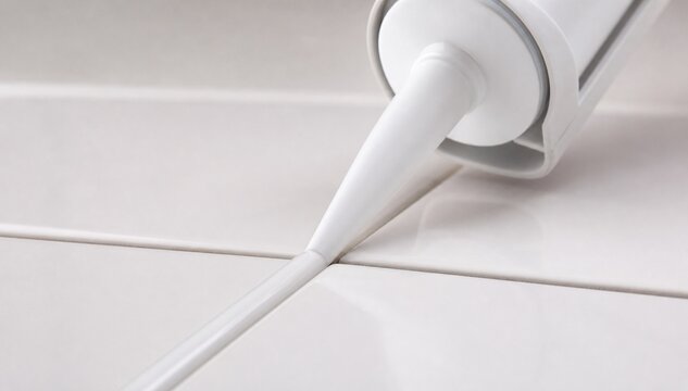 A caulk gun extruding a bead of sealant, close-up.