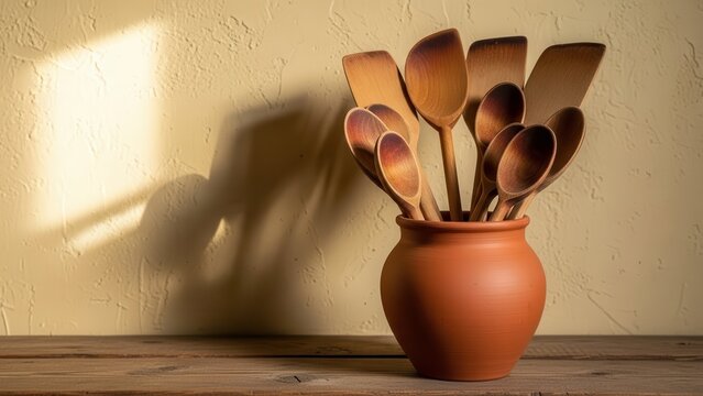 Antique Wooden Kitchen Utensils in Terracotta Pot