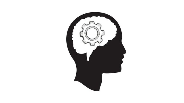 Black silhouette of human head with white brain and gear inside, representing thinking and mental process
