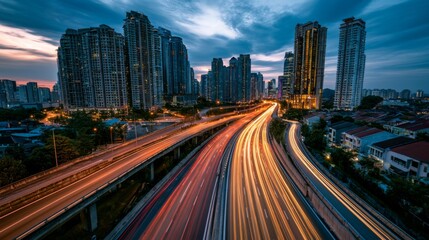 Fototapeta premium Cityscape at Dusk with Light Trails, Urban Skyline and Modern Buildings Under Dramatic Sky, Evening Traffic Flowing in Metropolis