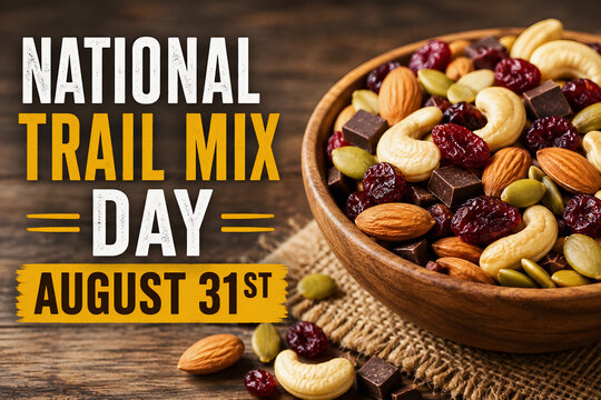 National Trail Mix Day August 31st with Wooden Bowl of Snacks