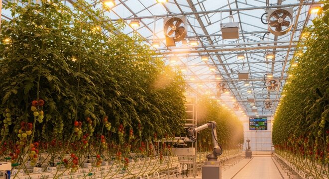 Indoor greenhouse with lush plants and sunlight. Modern horticulture environment for plant growth and gardening enthusiasts.