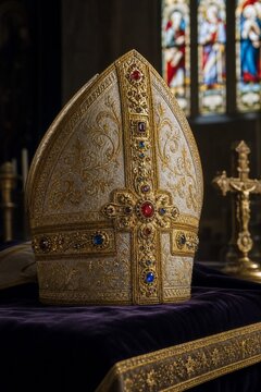 A bishop's ceremonial hat resting on dark velvet cloth, gemstones gleaming.