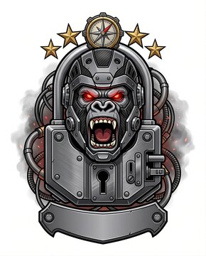Tactical Cybernetic Gorilla Heavy Padlock Security Emblem with Industrial Pipes
