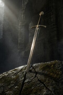 A medieval longsword thrust into a crack in mossy stone.