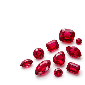 Assorted ruby gemstones including round, emerald cut, pear, marquise and cushion cut arranged harmoniously on a seamless white background, clean modern composition