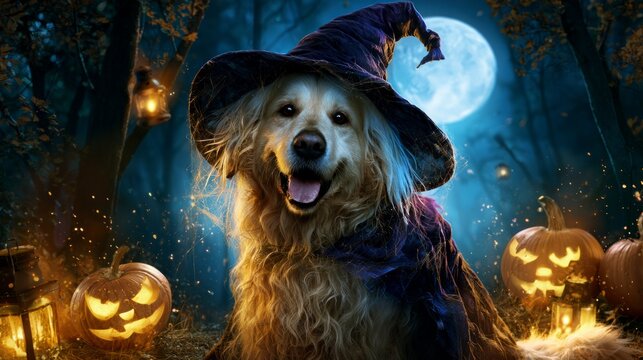Halloween Golden Retriever Wearing Witch Costume Under Full Moon