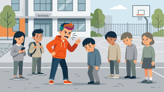 This flat design illustration depicts the bystander effect during a bullying incident in a schoolyard, showing passive witnesses failing to intervene.