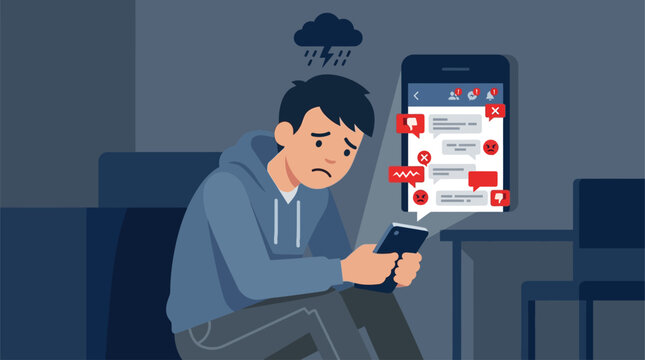 This flat design illustration captures a distressed teenager experiencing cyberbullying through their smartphone, symbolizing the emotional toll of online harassment.
