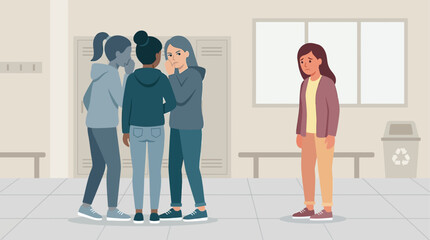 Fototapeta premium A flat design illustration visualizes relational aggression among teenage girls, showing a group excluding and giving the cold shoulder to one peer.