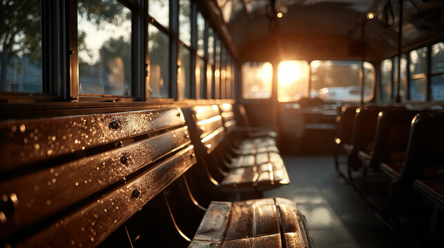 Empty school bus interior with rows of seats sunlight streaming through windows emphasizing safe and clean transportation environment for students returning to school