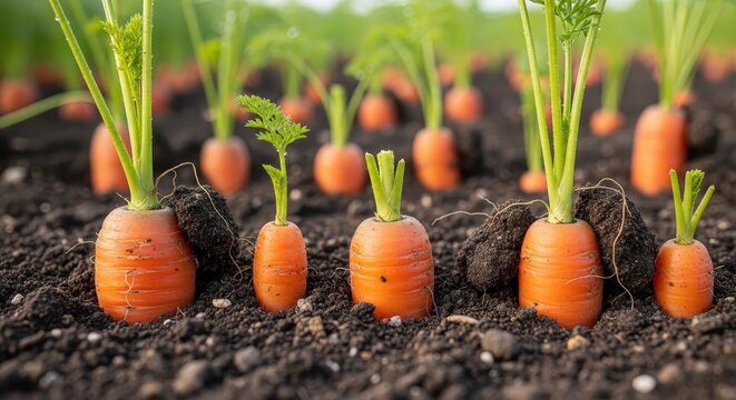 Young gardener planting fresh carrots in soil. Female farmer cultivating vegetables outdoors.