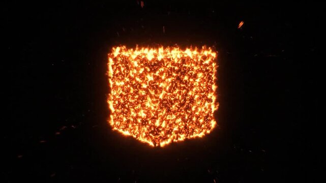 Abstract fiery particles forming a glowing cube and then dispersing on a black background.