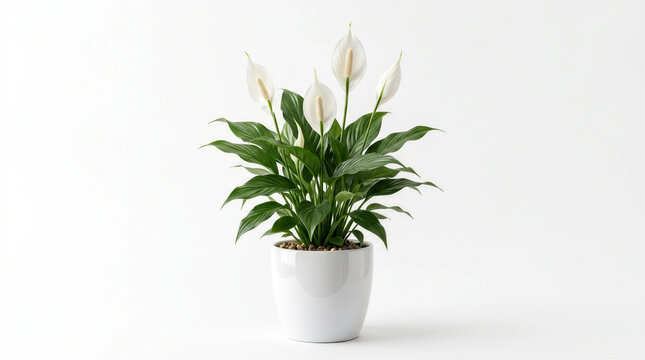 Blooming Peace Lily Plant with White Flowers in Glossy Ceramic Pot Isolated on White